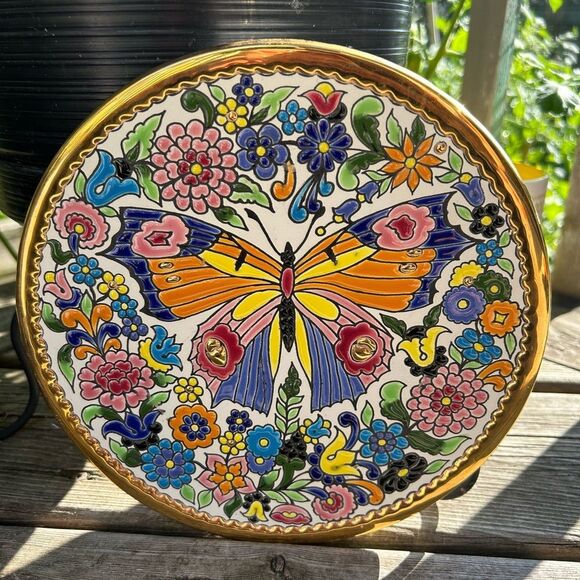 CEARCO PINTADO A MANO 24K ENAMEL POTTERY BUTTERFLY Wall Hanging Plate 8.5" - Picture 2 of 16